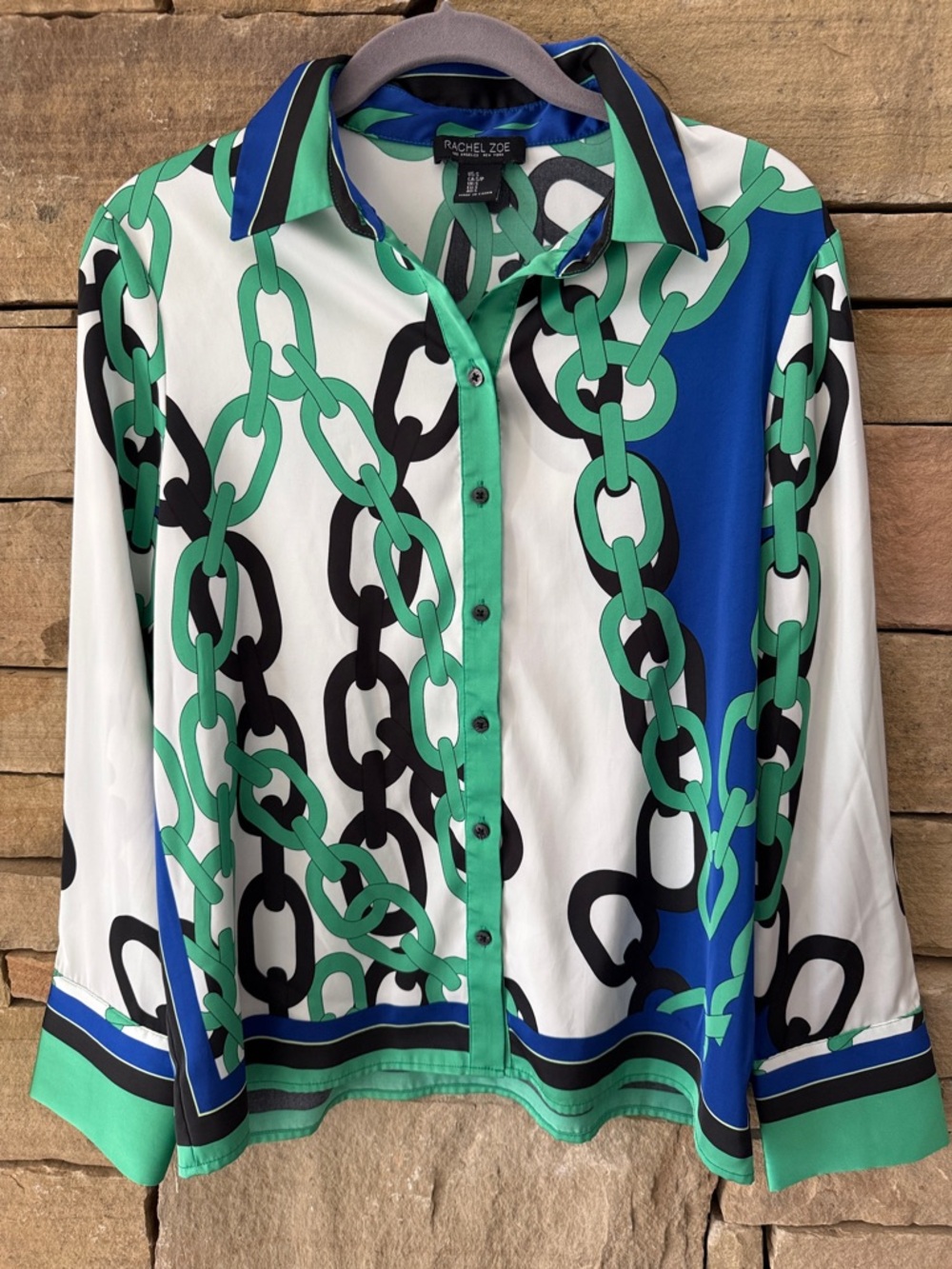 Rachel Zoe White, Green & Blue Chain-Print Button-Front Shirt, Elegant Luxe Look